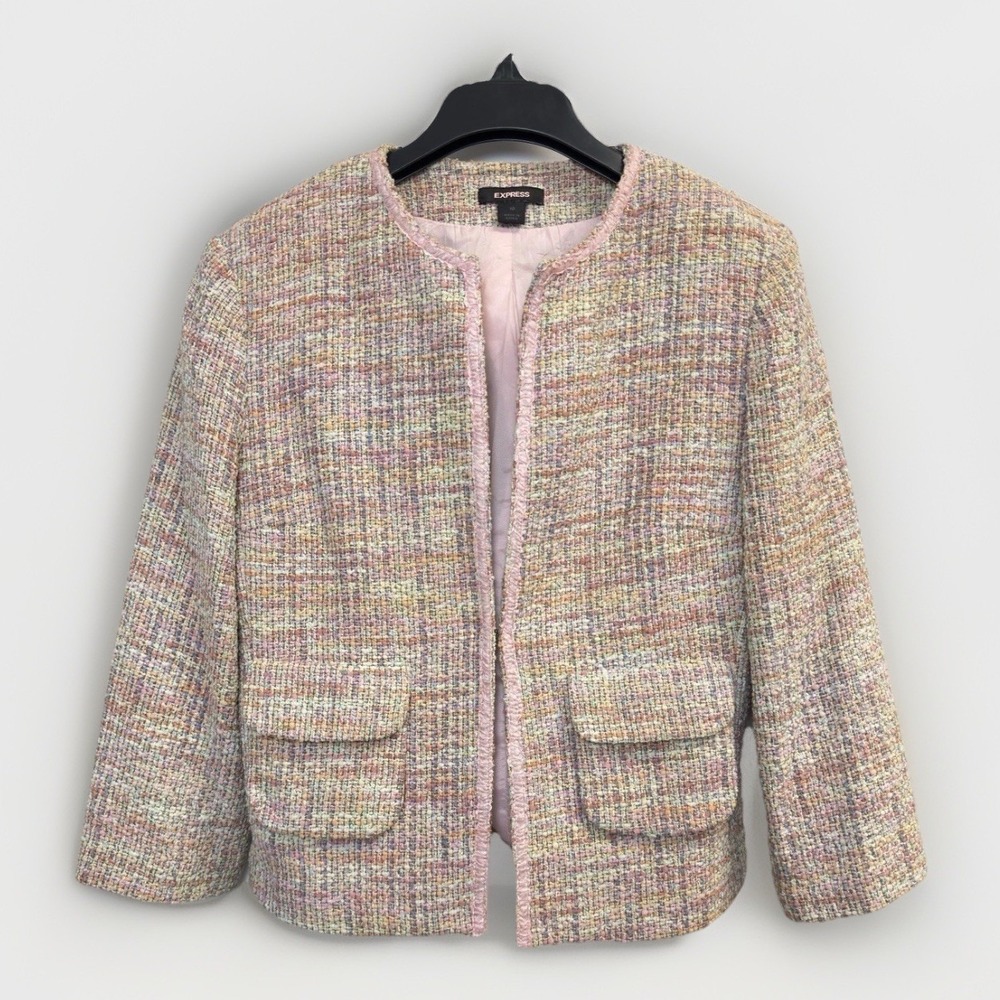 Express Blazer Jacket Womens Size 10 Pink Multi Tweed Plaid Ribbon Trim Pockets